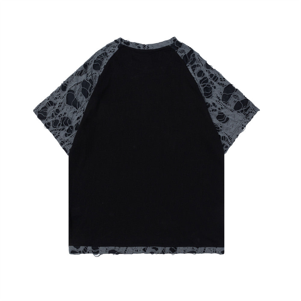 Color blocking letter print leather hole short sleeved shirt