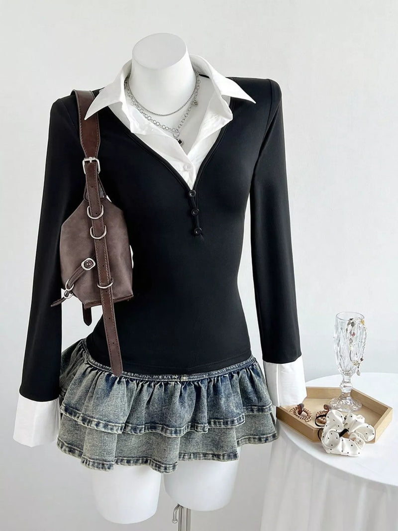 Black long sleeve polo collar slim fit top, view 3