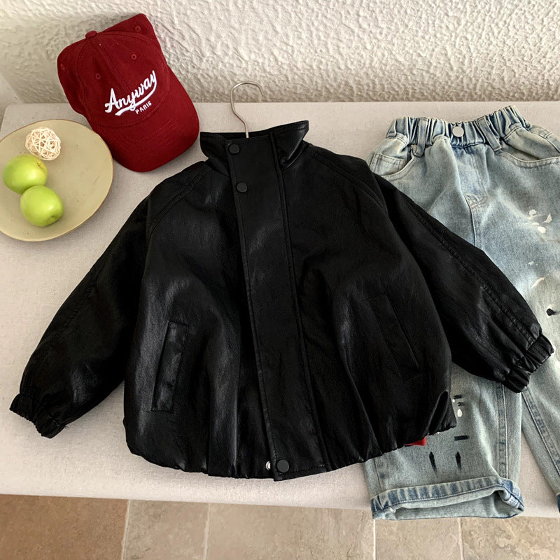 Boys' black faux leather motorcycle jacket, view 4
