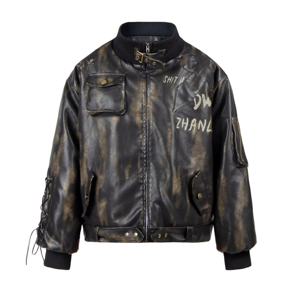 Vintage letter washed leather thick diamond patterned jacket