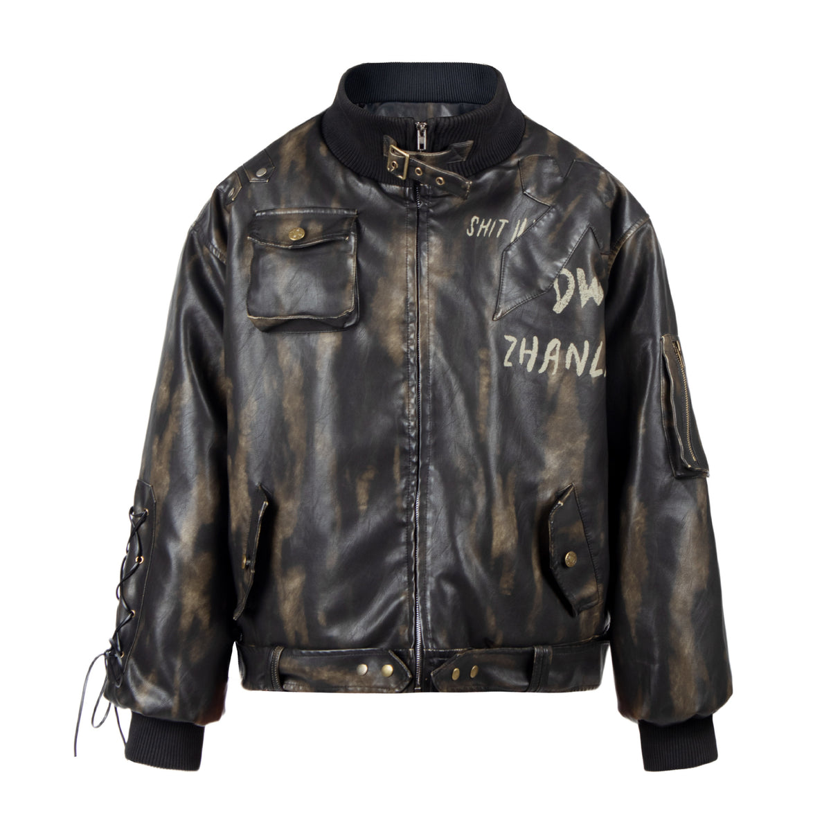 Vintage letter washed leather thick diamond patterned jacket
