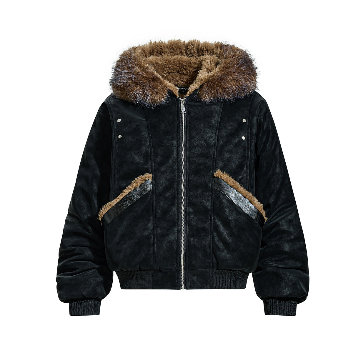 Plush collar hooded faux leather jacket