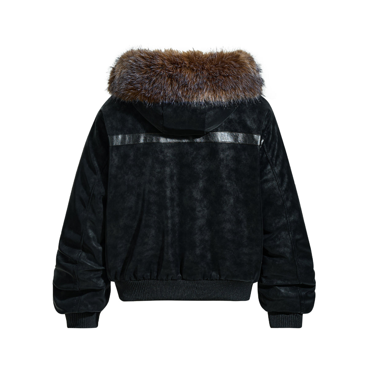 Plush collar hooded faux leather jacket, view 3
