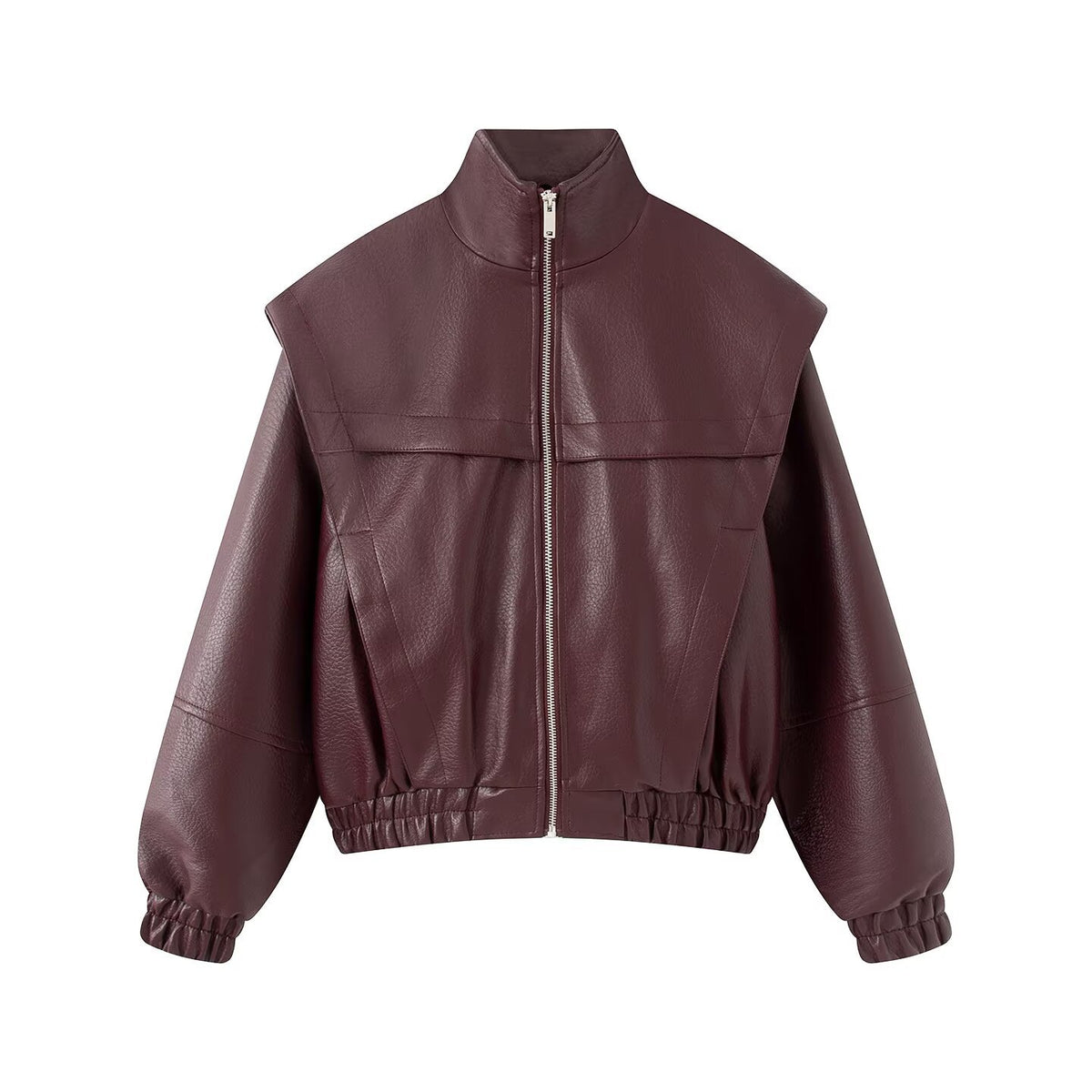 Stand up collar zipper fake two lychee leather patterned jackets