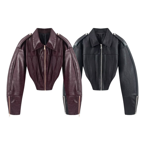 Retro motorcycle style shiny topcoat leather exposed waist short jacket