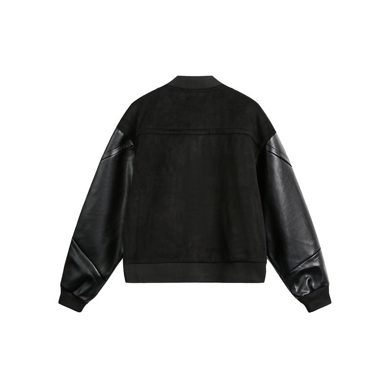 Wool and PU Leather Spliced Couple Jacket Men's Baseball Jacket
