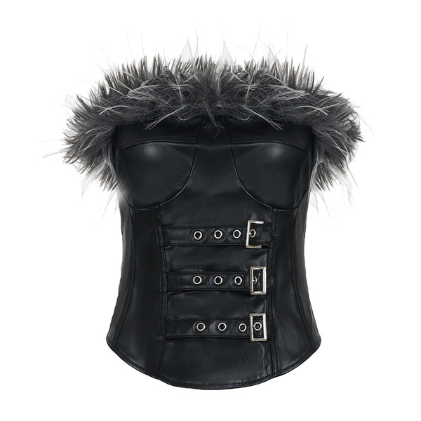 Dark style fur strip patchwork leather strapless top
