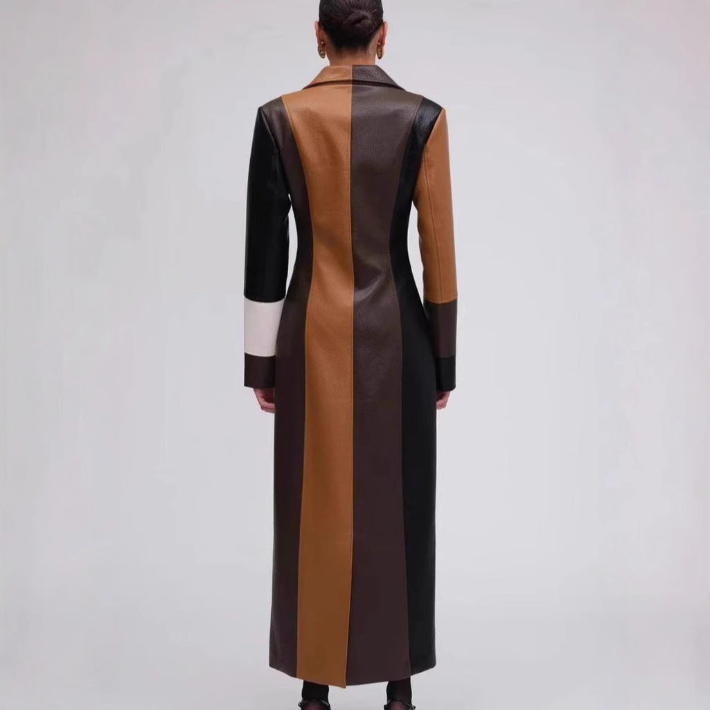 Autumn and winter V-neck women's long leather dress