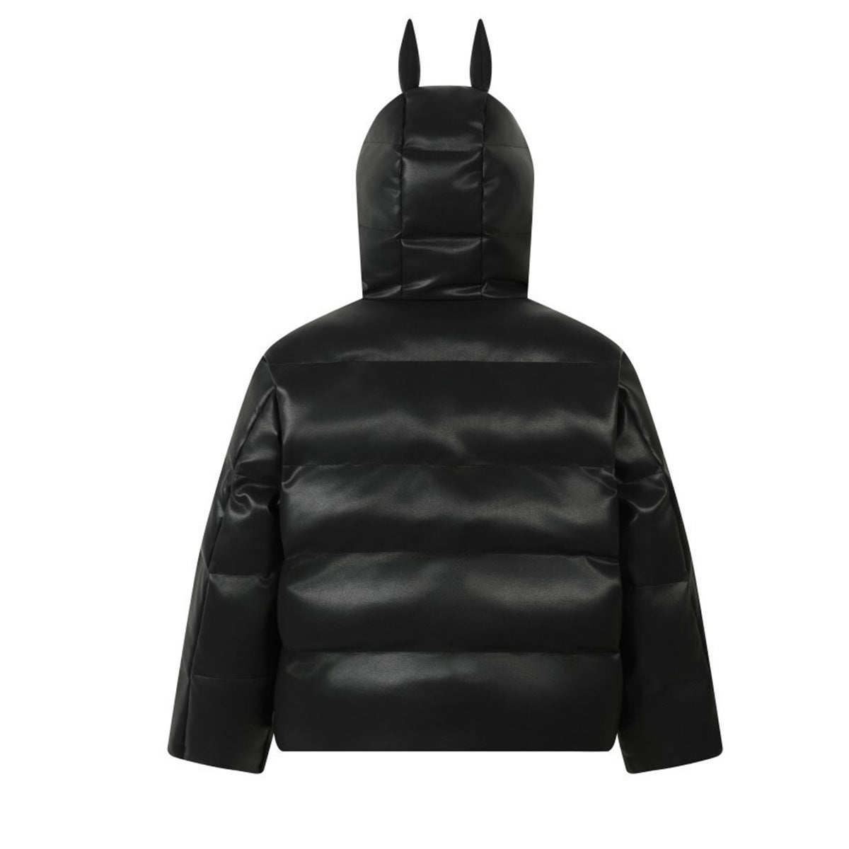 Hooded faux leather puffer jacket with devil horns, back view