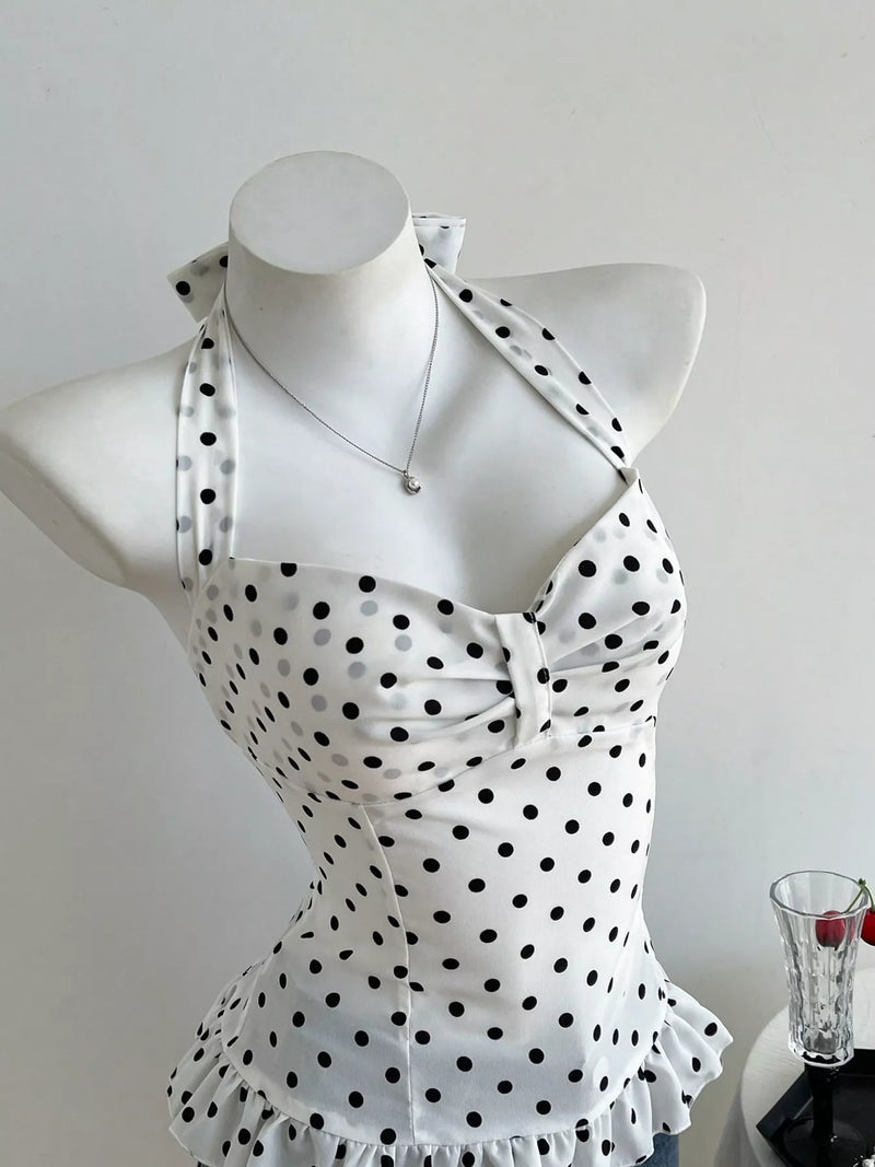 Black polka dot halter neck cami top, view 2