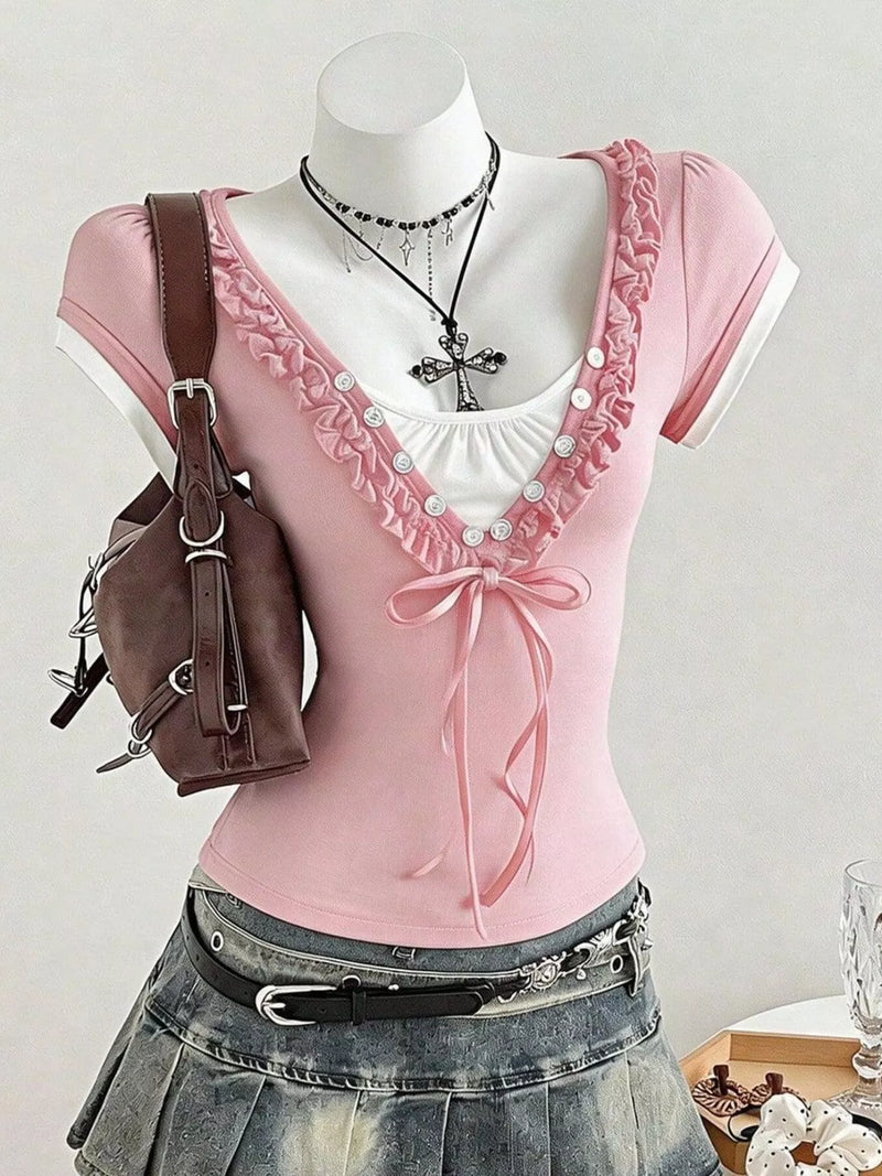 Pink frill cap sleeve slim fit T-shirt, view 3