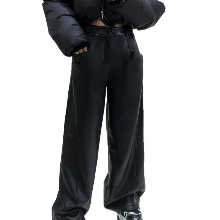 Black high waisted wide leg PU leather pants for women