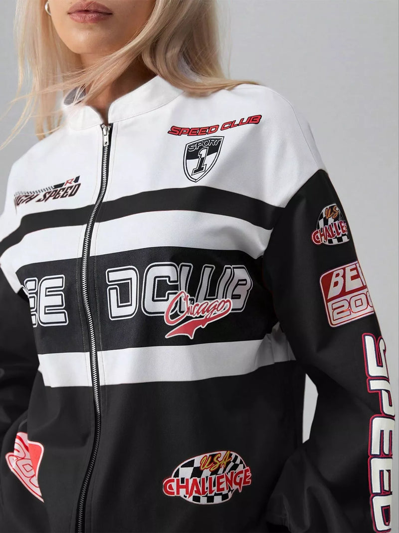 Black letter print zip-up dropped shoulder jacket, view 3