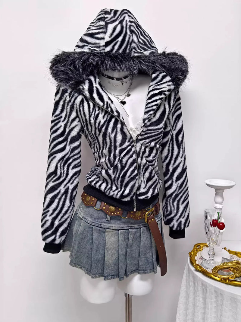 Zebra print faux fur hooded zip-up jacket