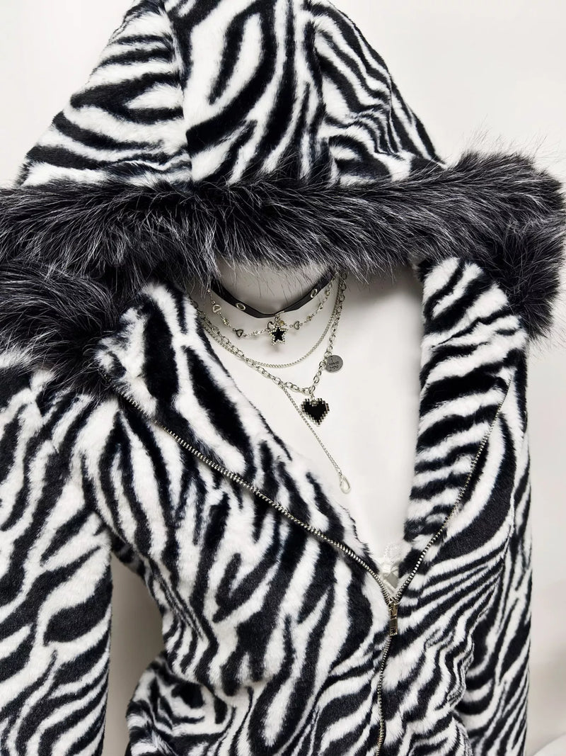 Zebra print faux fur hooded zip-up jacket, view 2
