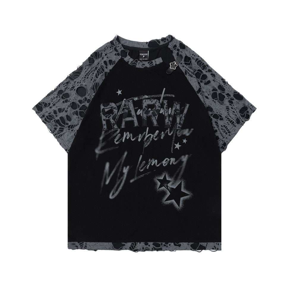 Color blocking letter print leather hole short sleeved shirt