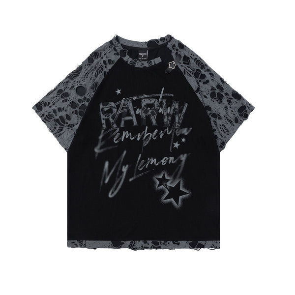 Color blocking letter print leather hole short sleeved shirt