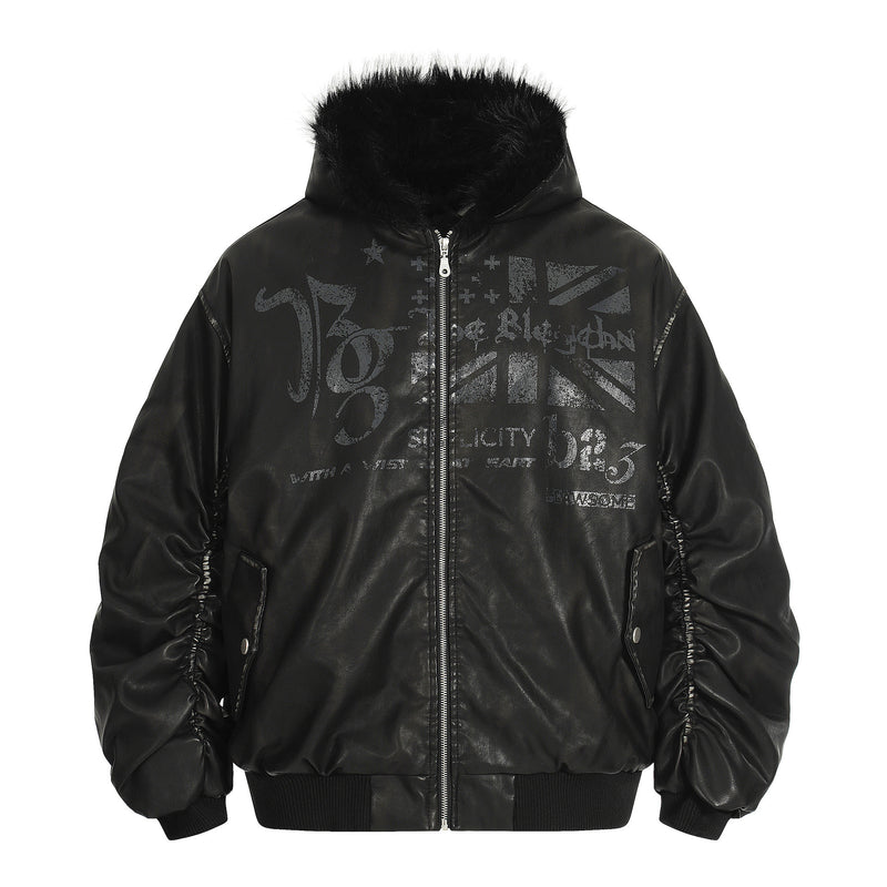 Retro hooded faux leather padded jacket