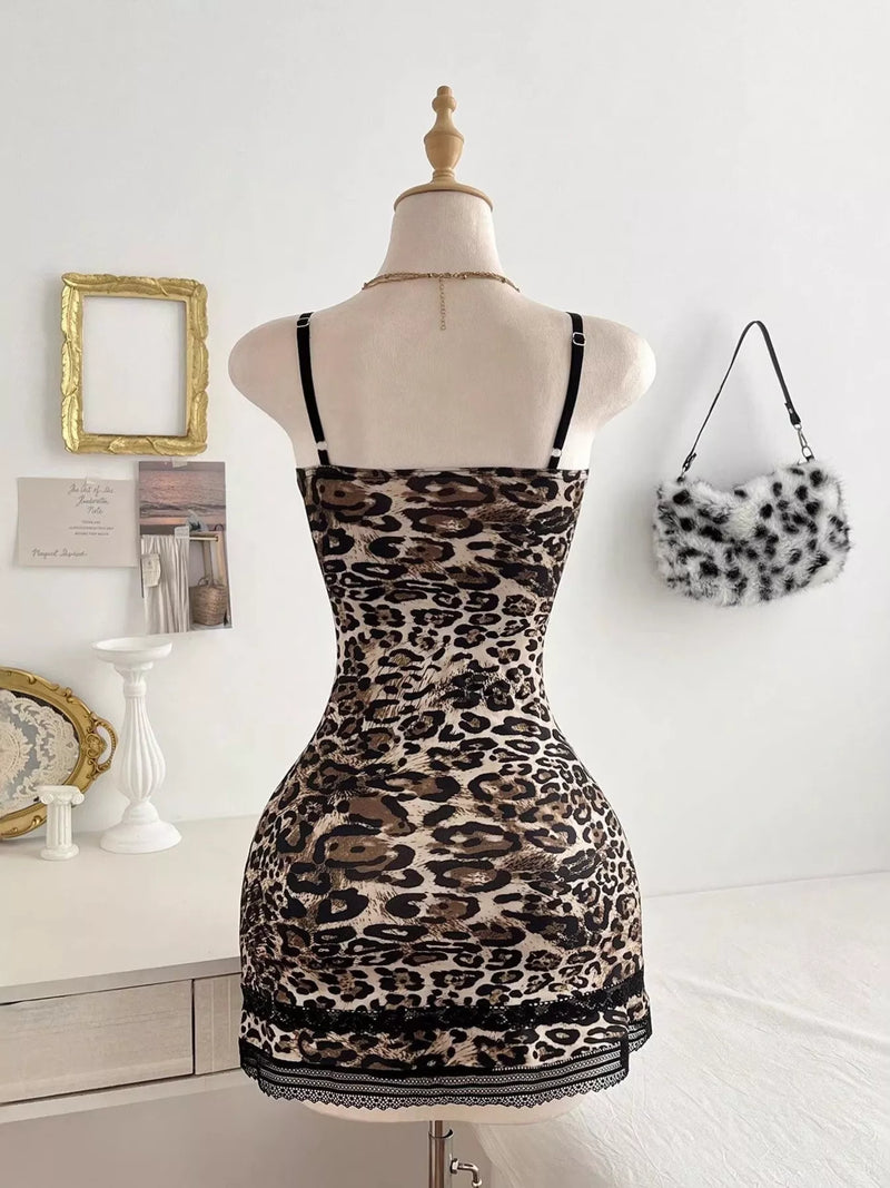 Leopard print lace trim mini dress, view 4