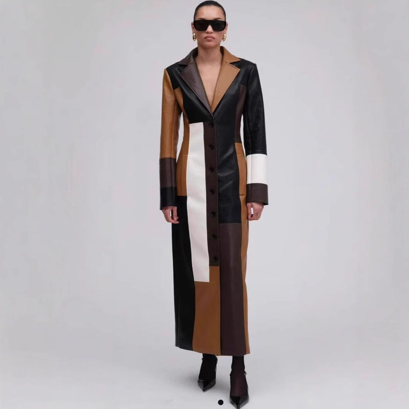 V-neck long faux leather A-line dress, view 2
