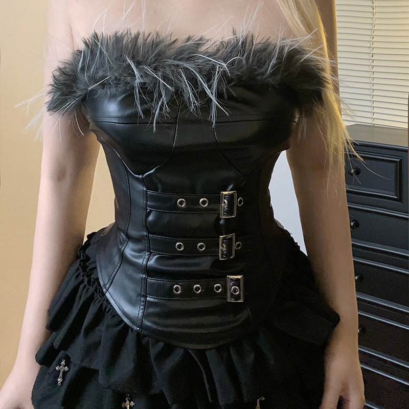 Dark style fur strip patchwork leather strapless top