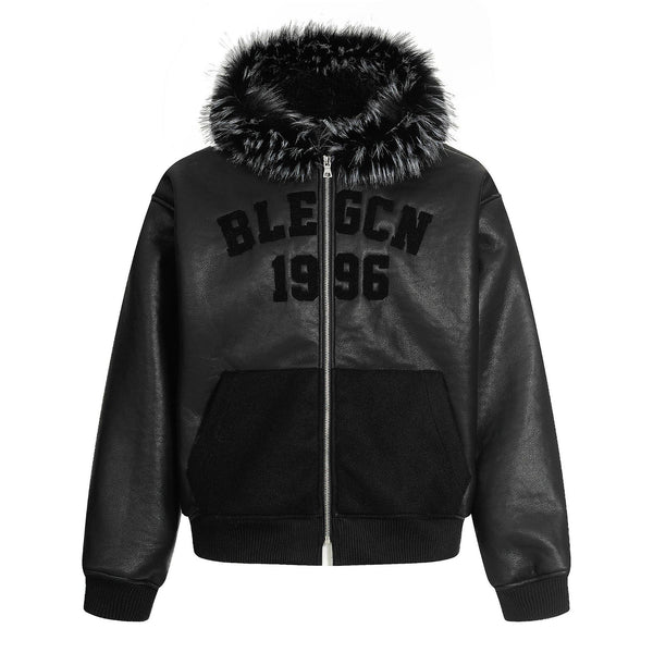 Retro fur collar PU leather hooded cotton jacket