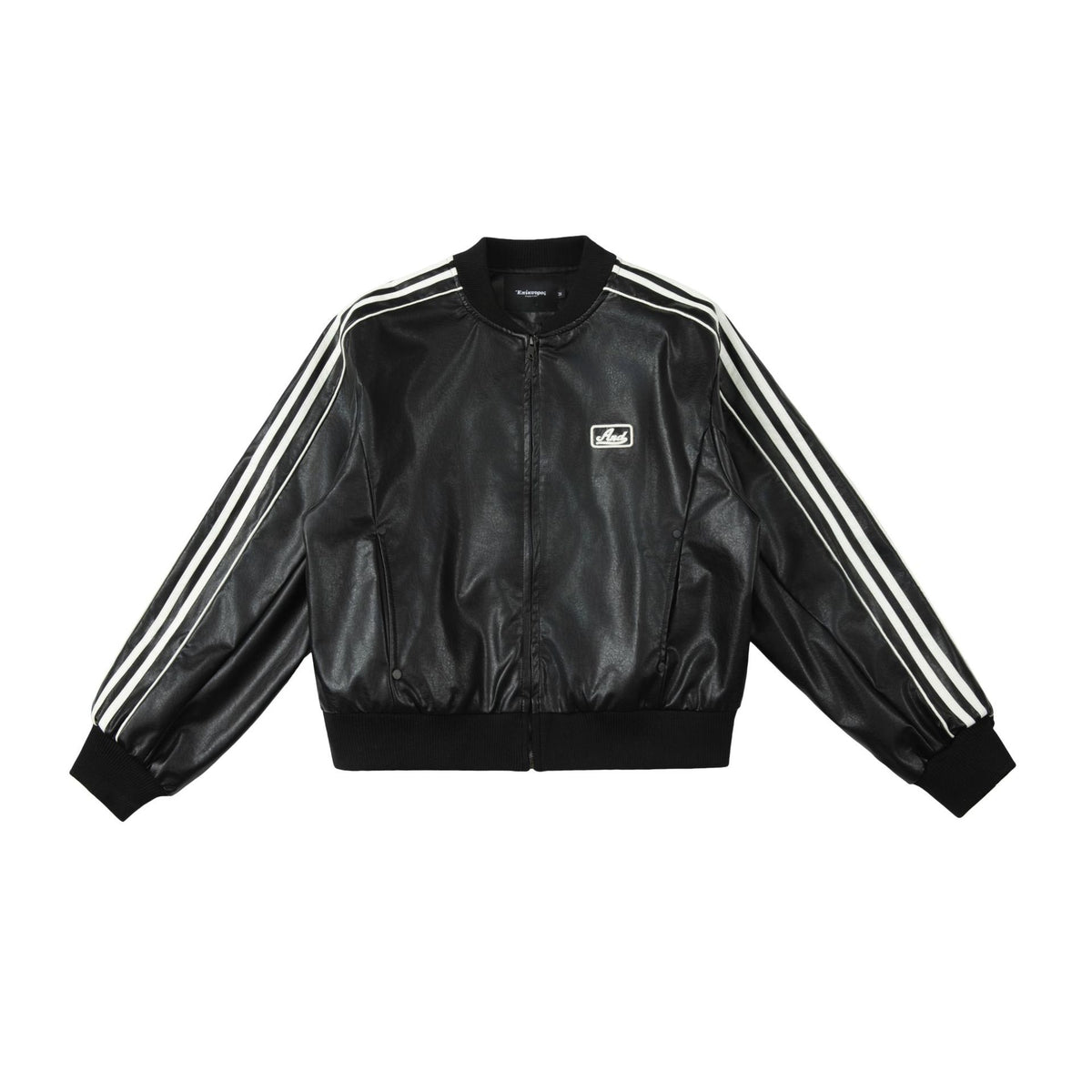 PU Leather Three-Stripe Baseball Jacket Short Style