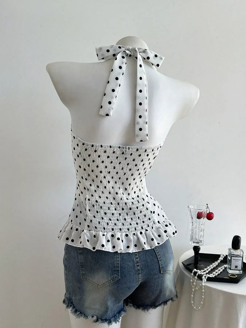 Black polka dot halter neck cami top, view 4