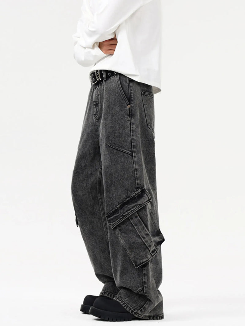 Men's black gray wide leg cargo jeans, view 2