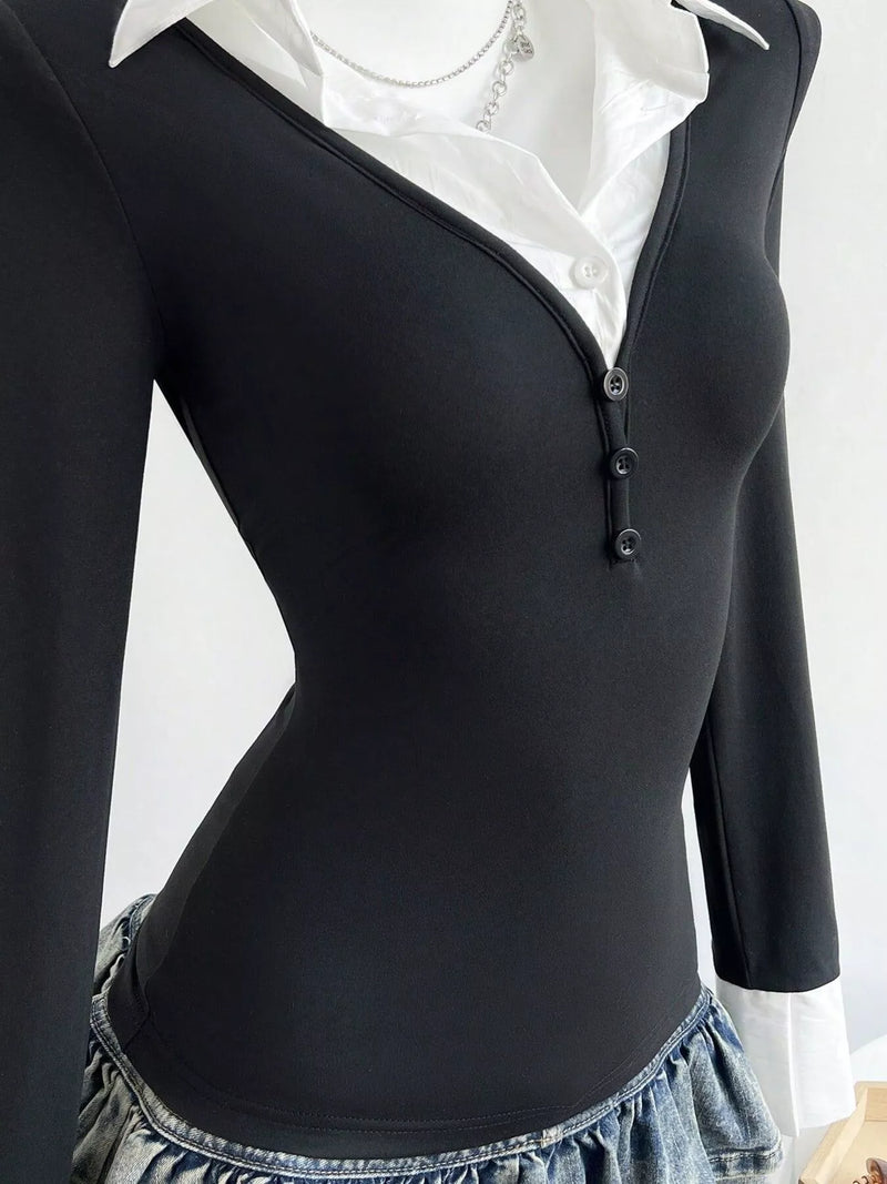 Black long sleeve polo collar slim fit top, view 2