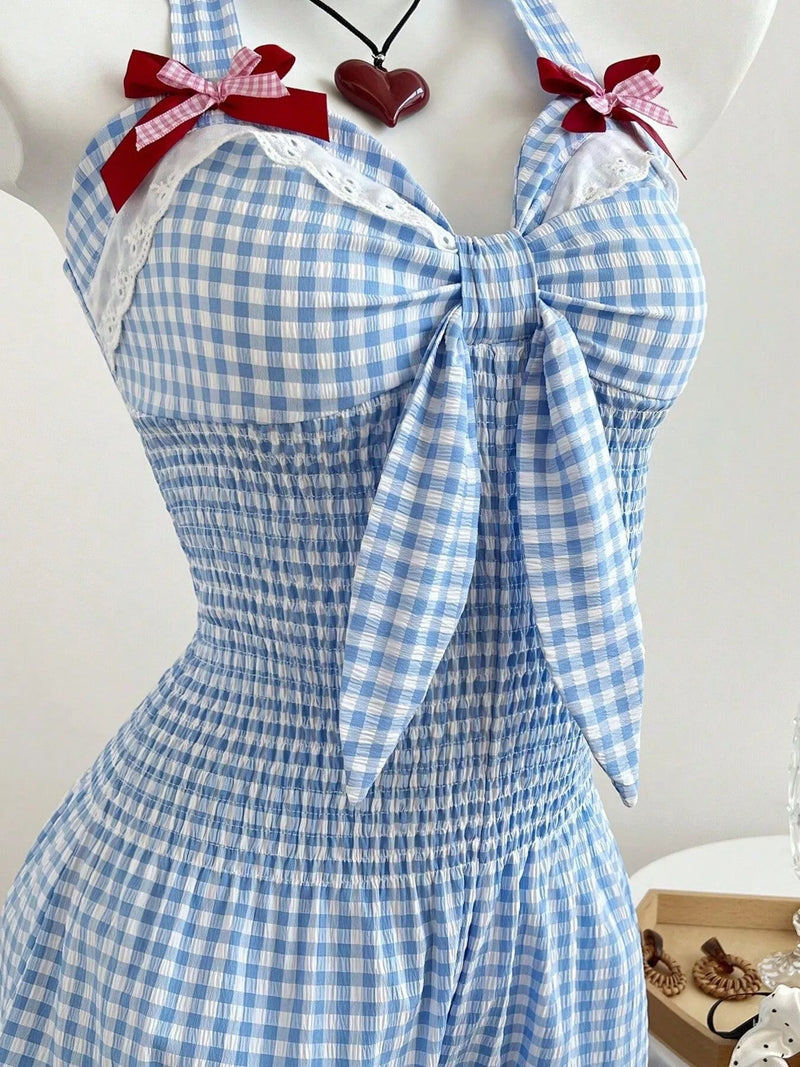 Blue gingham bowknot halter neck romper, view 4