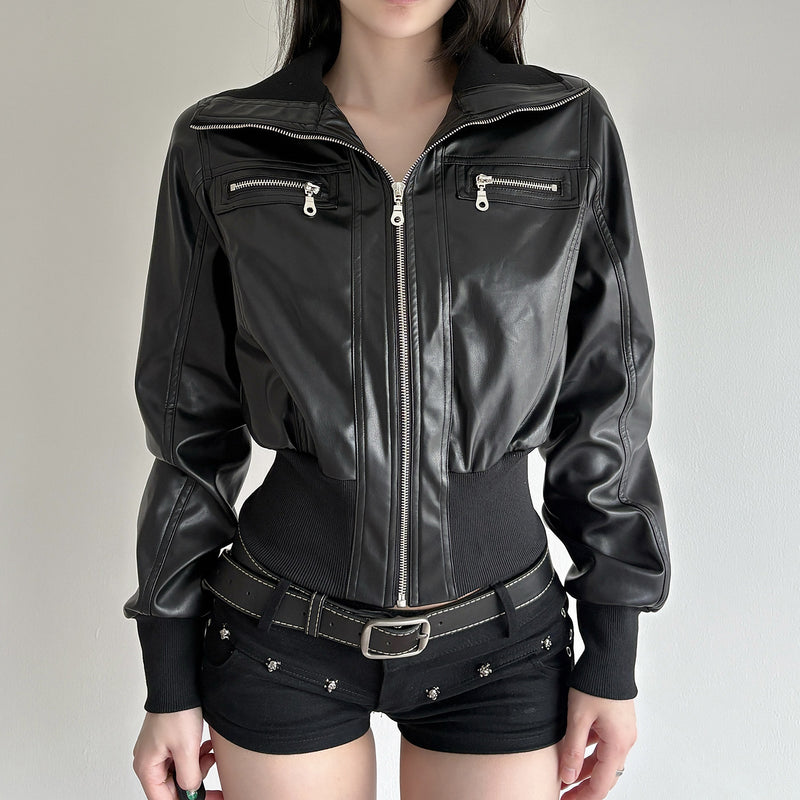 Women's black patchwork faux leather workwear jacket, view 3