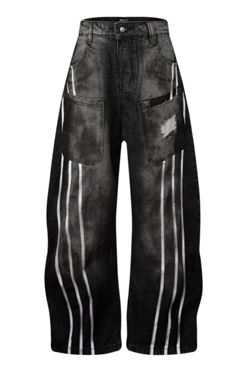 Men's distressed striped wide leg jeans in nostalgic black