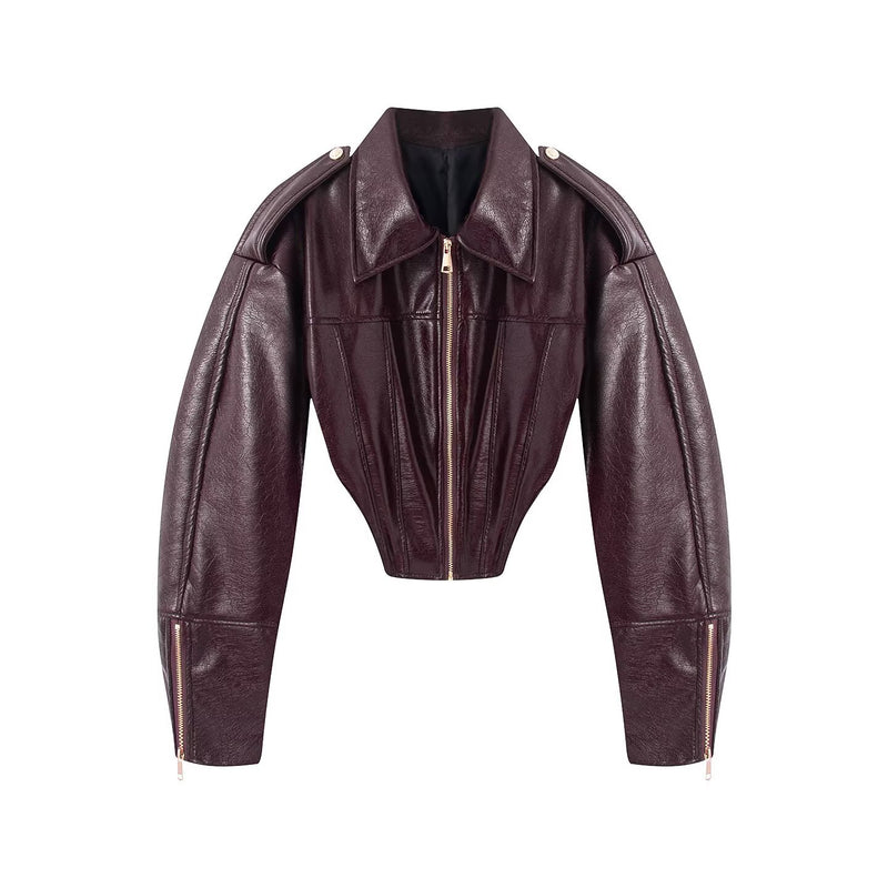 Women's shiny faux leather motorcycle jacket in burgundy