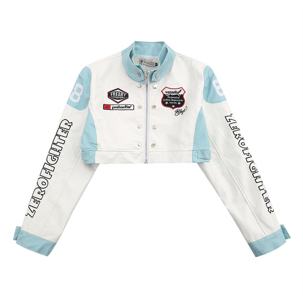 Casual Stitched PU Leather Jacket for Women Spring Color-Blocking