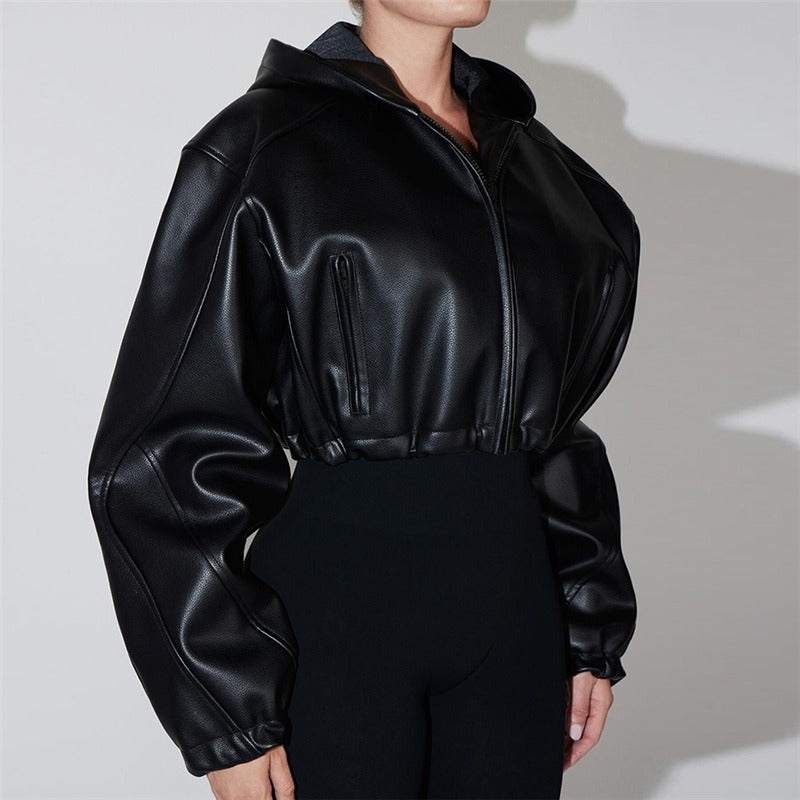 Women's cropped hooded faux leather jacket, view 3