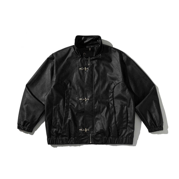 Metal Plane Buckle Design Loose PU Leather Jacket for Men