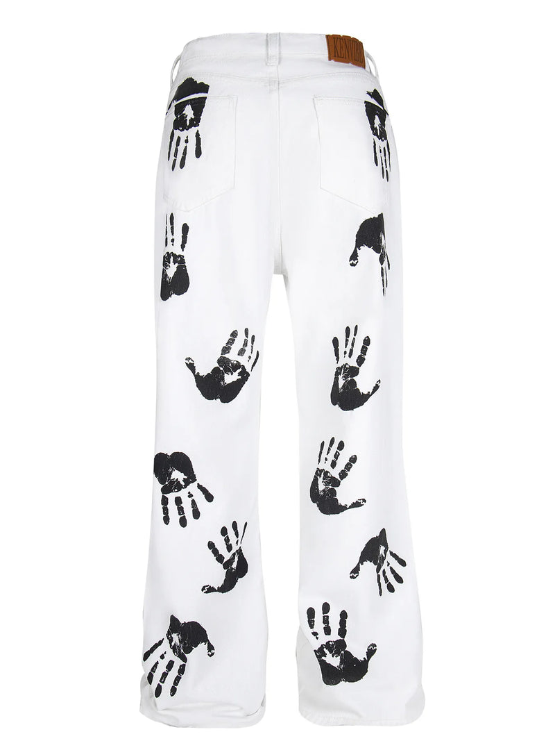 Men's white handprint pattern jeans, view 3
