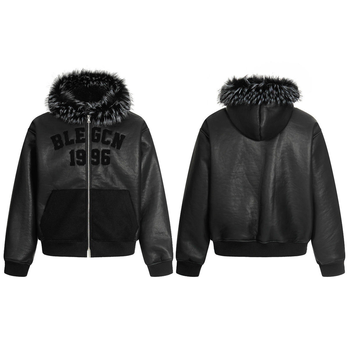 Retro fur collar PU leather hooded cotton jacket