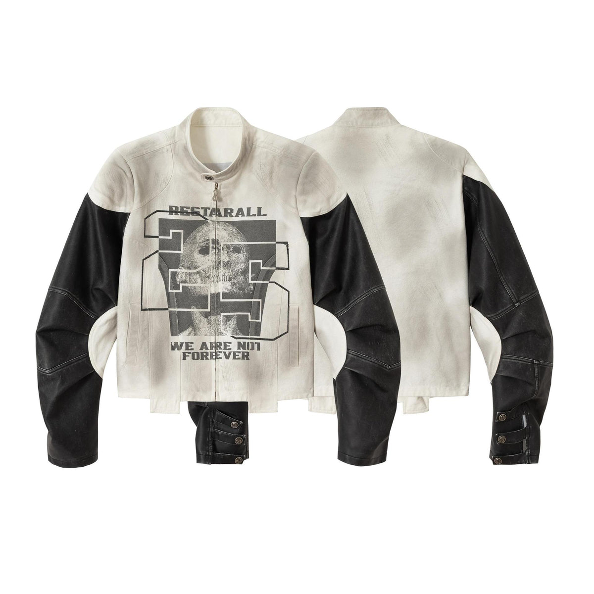 Skeleton digital printed patchwork stand up collar leather jacket