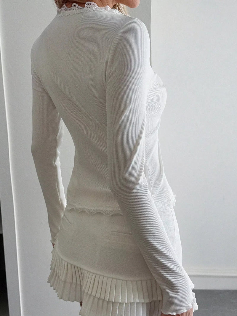 Women's lace trim long sleeve button top, view 4