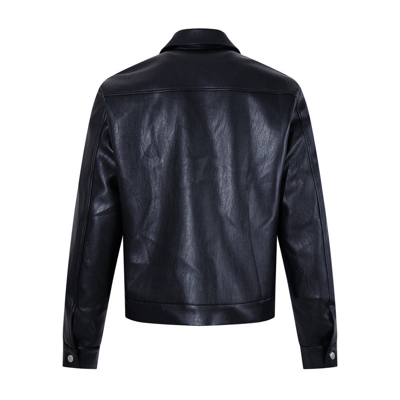 Short black flip collar faux leather jacket, view 2