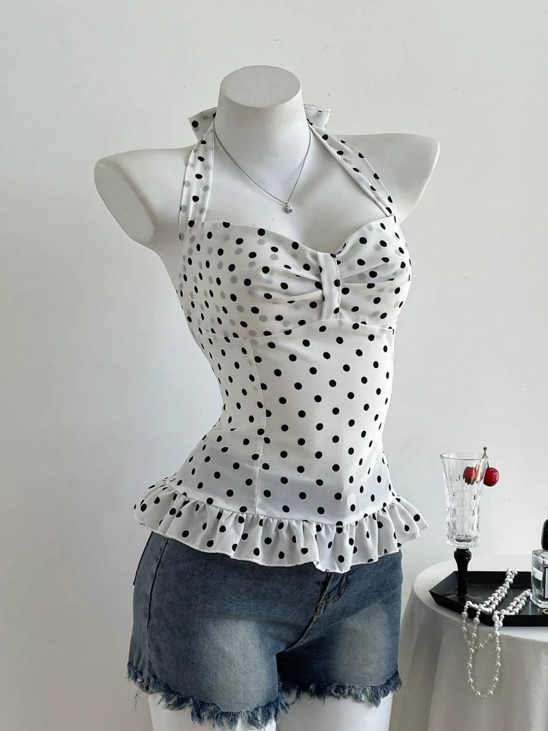 Black polka dot halter neck cami top