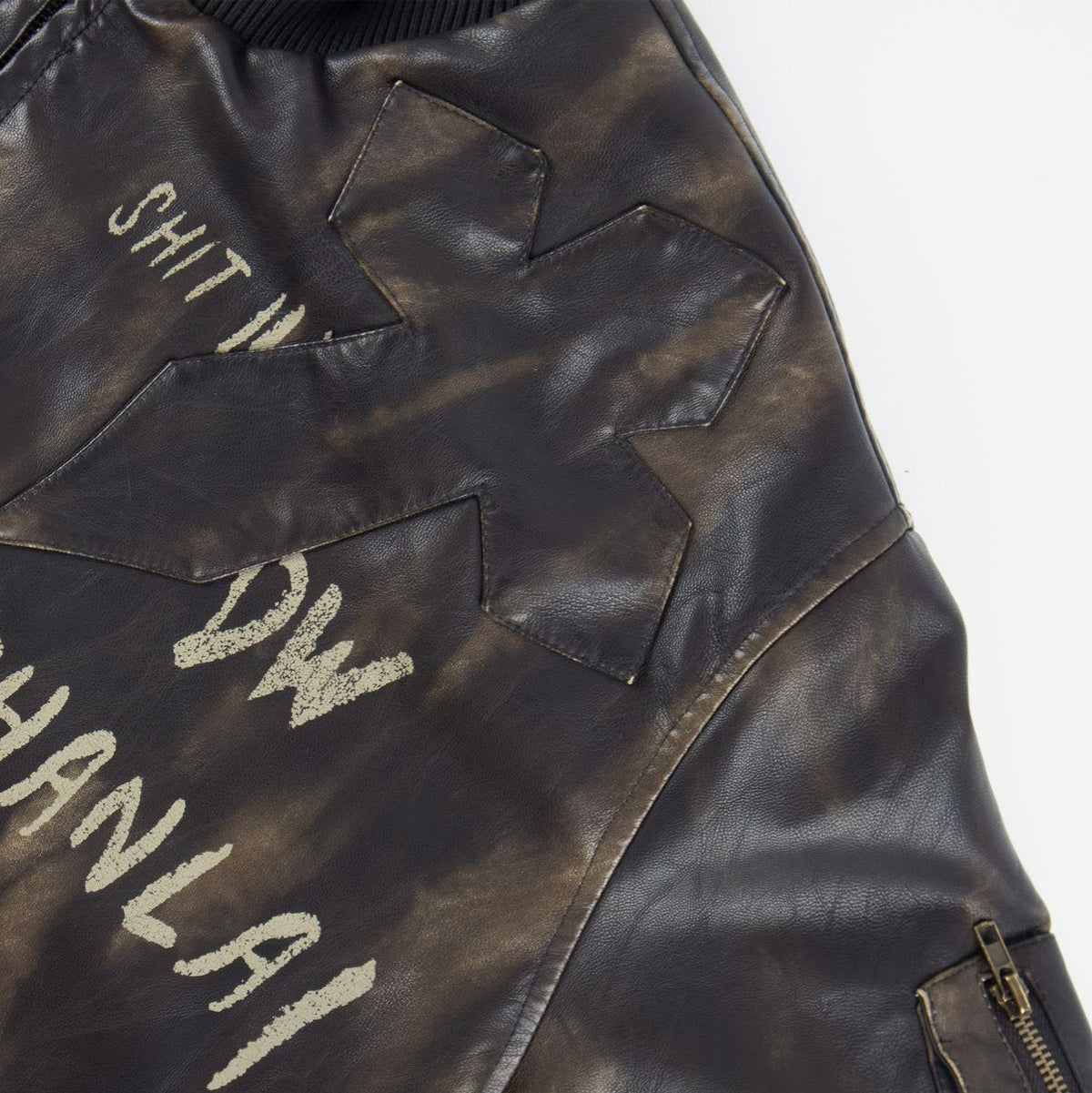 Vintage letter washed leather thick diamond patterned jacket