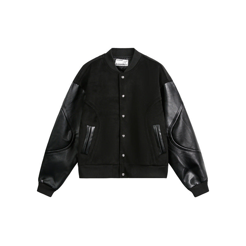 Wool and PU Leather Spliced Couple Jacket Men's Baseball Jacket