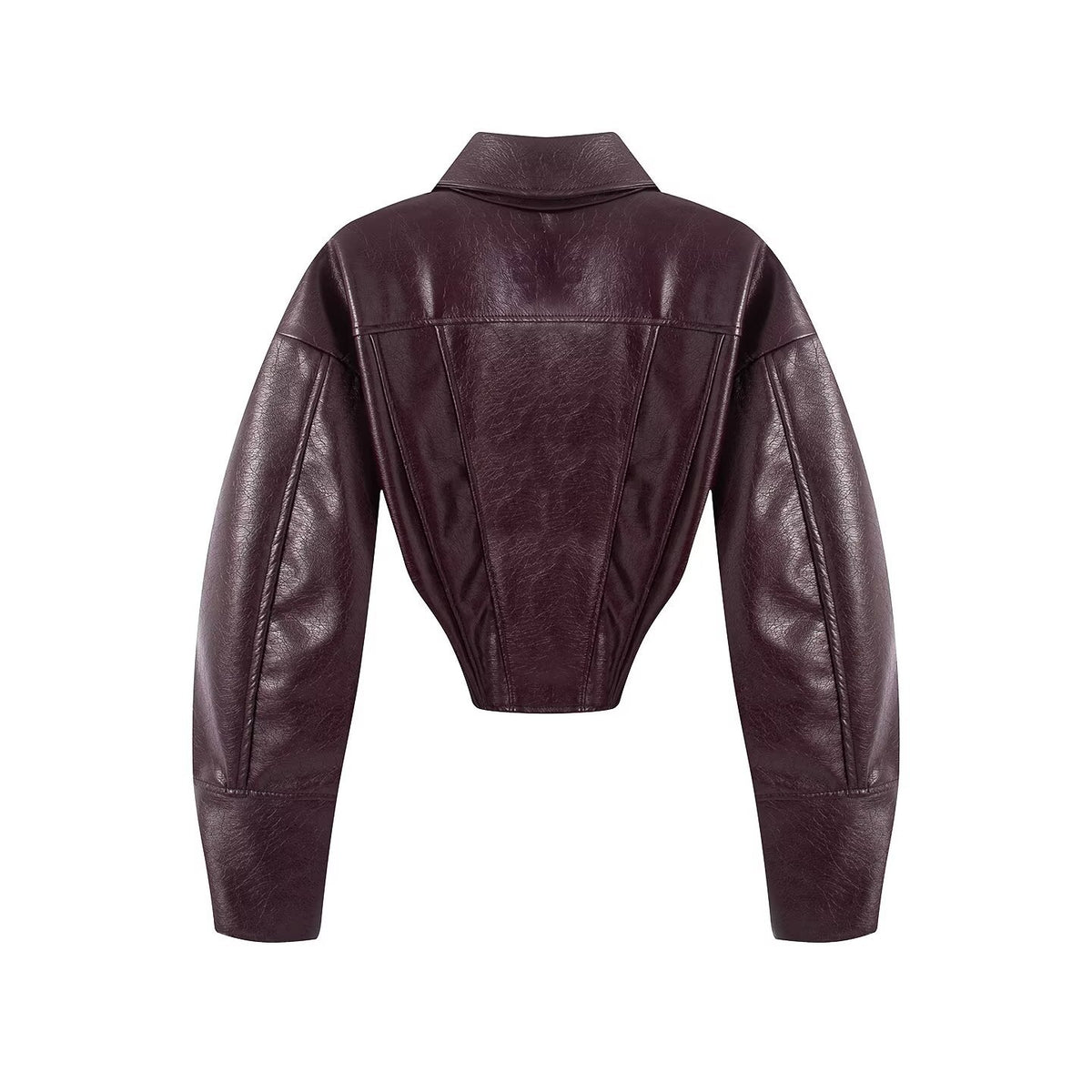Retro motorcycle style shiny topcoat leather exposed waist short jacket