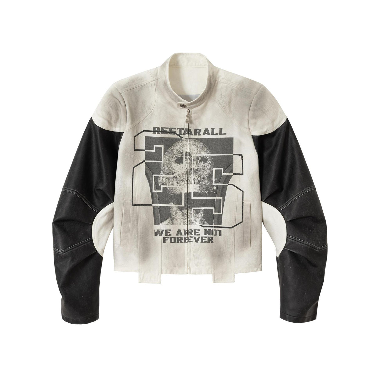 Skeleton digital printed patchwork stand up collar leather jacket