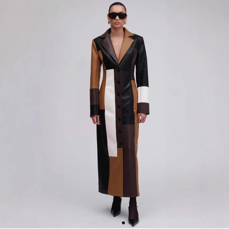 V-neck long faux leather A-line dress, view 4