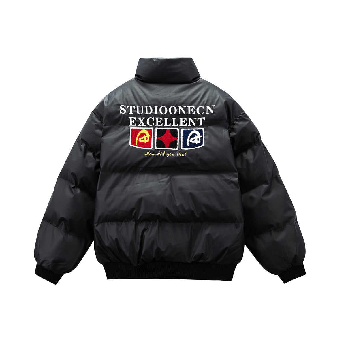 Letter Design Thick Warm Stand Collar PU Leather Cotton Coat