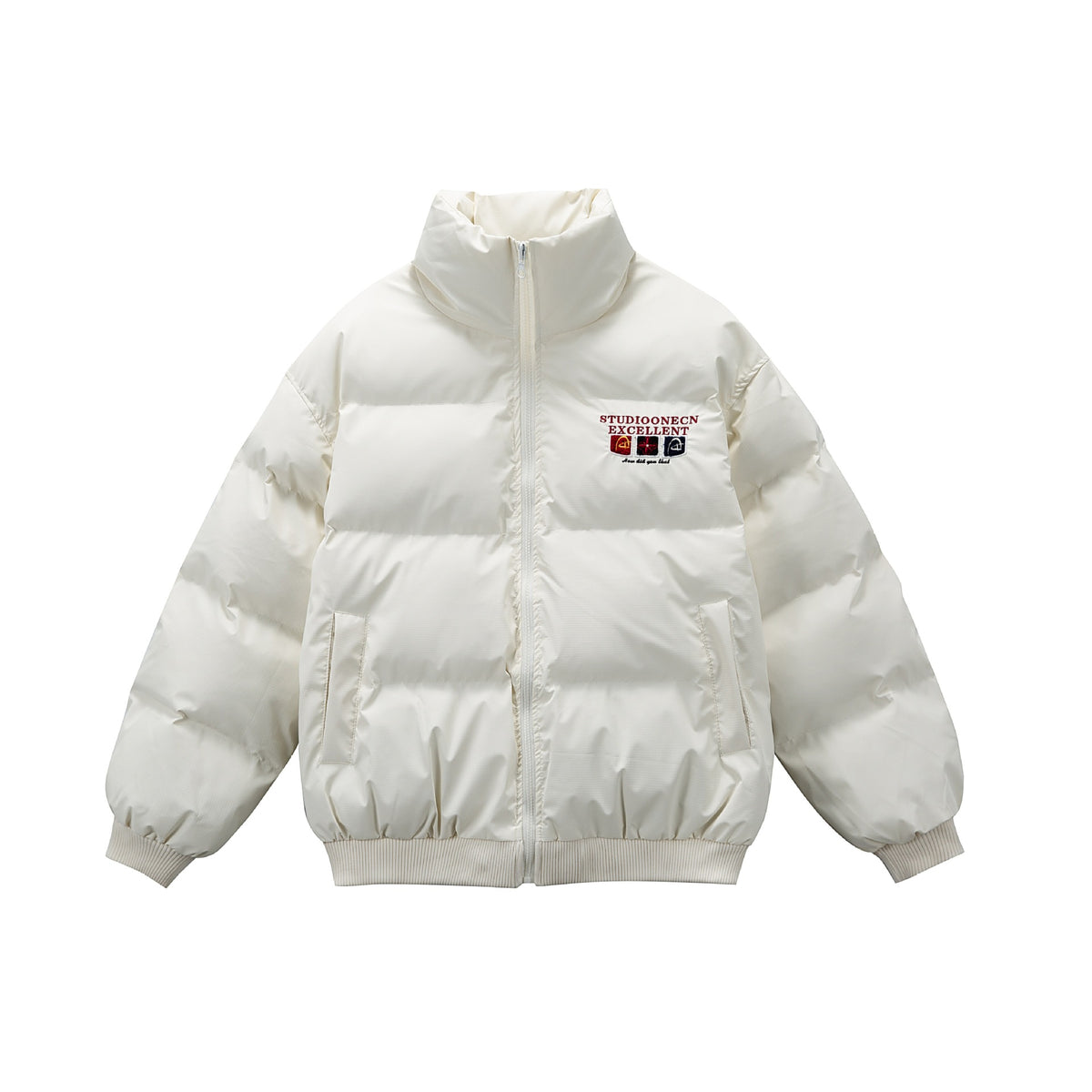 Letter Design Thick Warm Stand Collar PU Leather Cotton Coat